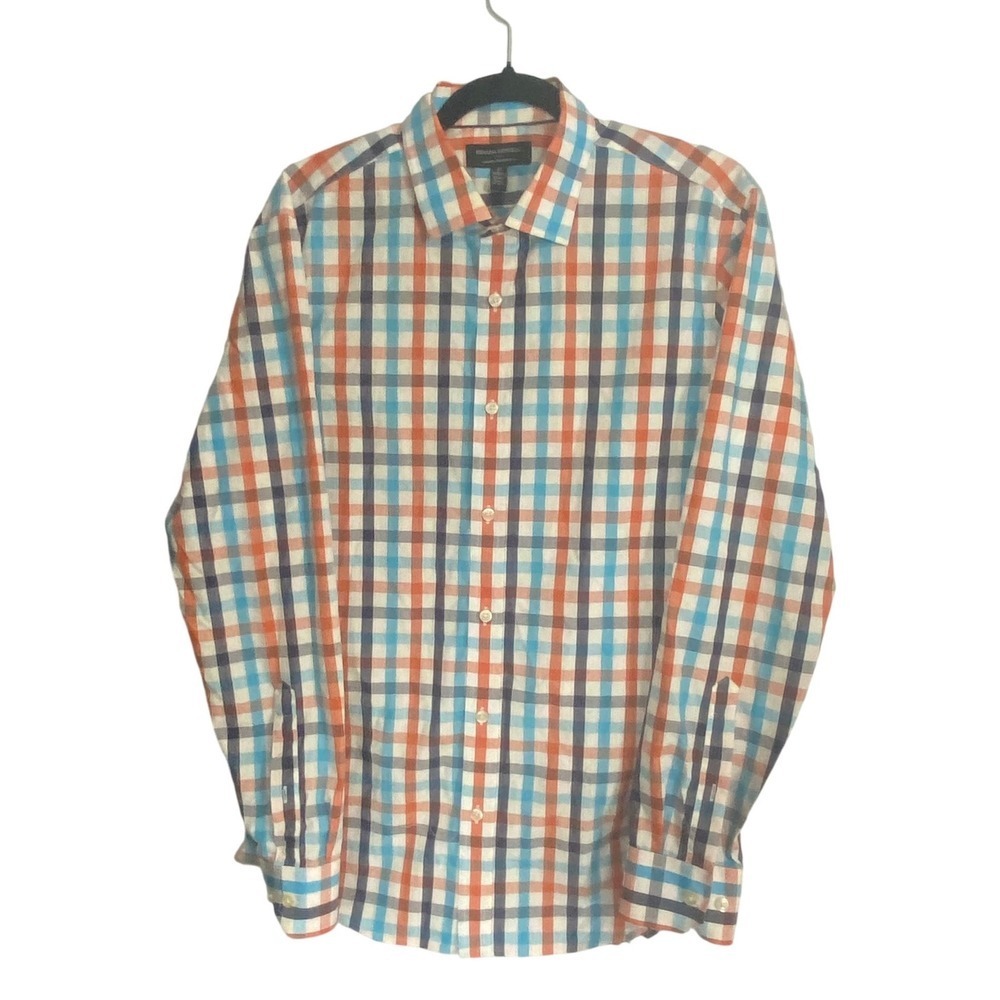 Banana Republic Mens Non‎ Iron Tailored Slim Fit Plaid Shirt Blue Orange Size M